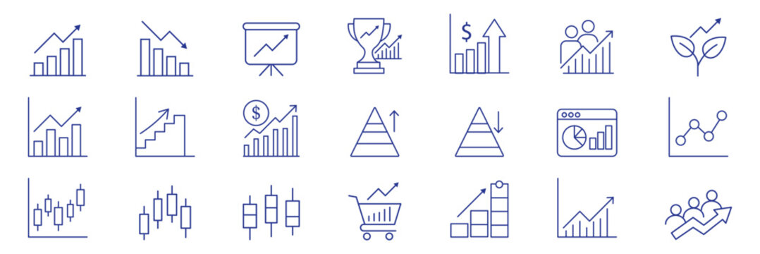 Stock market icons. Line growth and decrease icon set. Growth up and down, Profit and loss icon. Business, stock exchange, investment, analysis, percentage growth and decrease, candlestick line icon 