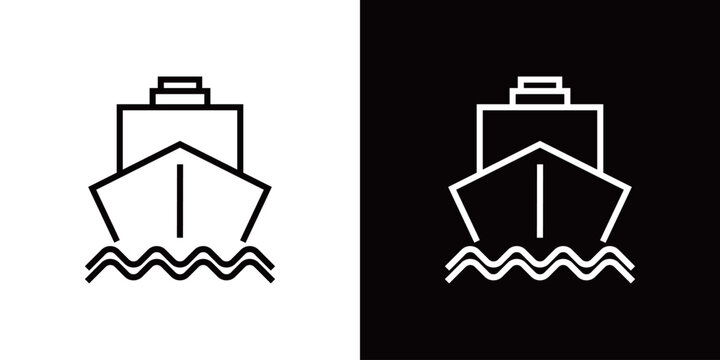 正面から見た船のラインアイコン。白い線と黒い線のモノクロベクターイラスト