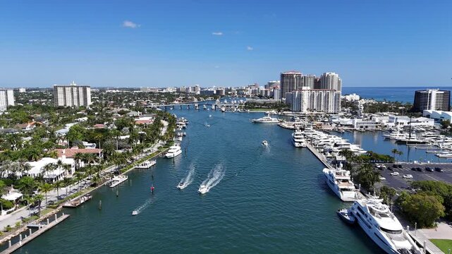 Boats cruising in the intracoastal waterway in Fort Lauderdale in Broward County, Florida.