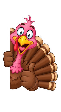 A cartoon turkey peeking from behind a sign isolated on transparent background