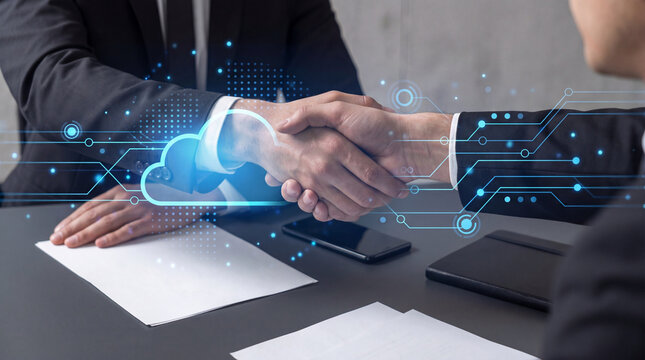 Business partners shaking hands over a cloud technology deal with digital network connections