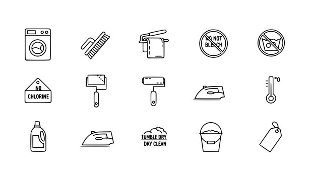 Linear laundry icon pack with washer care symbols and clothing wash instructions for UI design