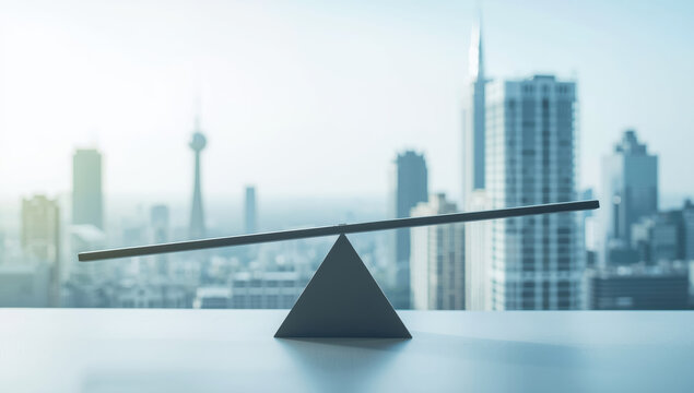 See saw balance scale on triangular fulcrum with city skyline background, calm mood