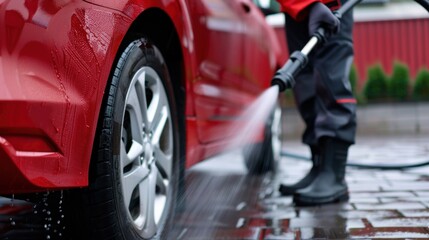 Person Using High-Pressure Hose to Wash Red Car Tire in Car Wash Facility