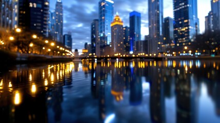 Obraz premium Serene Cityscape Reflection at Dusk with Glowing Lights on Water in Urban Environment