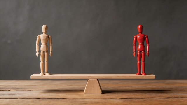 Two Wooden Figures on a Balance Scale