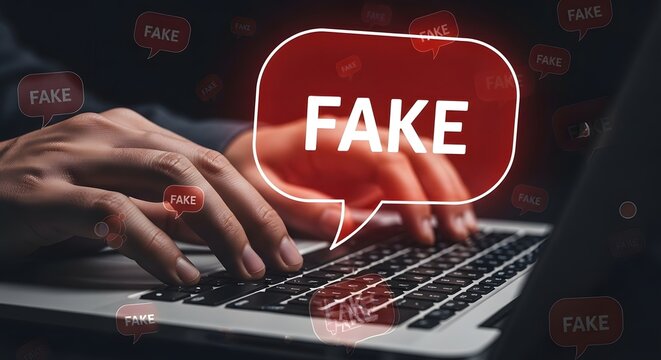 A person typing on a laptop with a fake speech bubble indicating misinformation or disinformation online