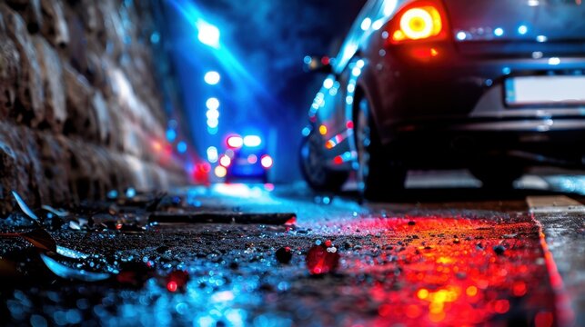 Urban Night Scene with Reflections on Wet Pavement and Car Tail Lights Illuminating Dark Street