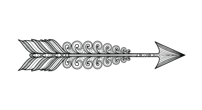 Beautifully detailed black and white illustration of an ornate arrow with patterned feathers and swirling tribal style decorations.