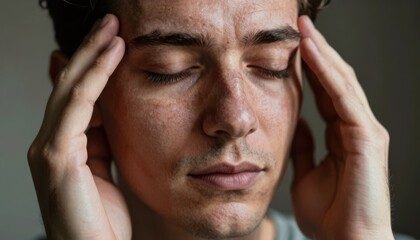 Fototapeta premium Young man experiencing stress with hands on forehead in dim lighting close-up portrait