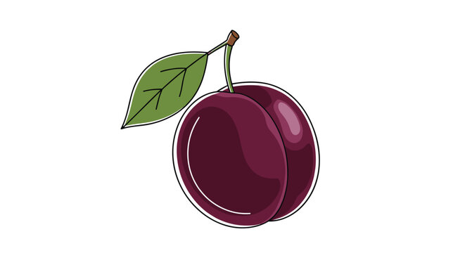 Single ripe purple plum with a fresh green leaf and stem isolated on a plain white background for food illustration concepts.
