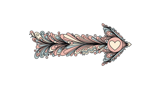 Decorative arrow featuring intricate pastel swirls and a heart symbol pointing to the right on a white background for love themes.