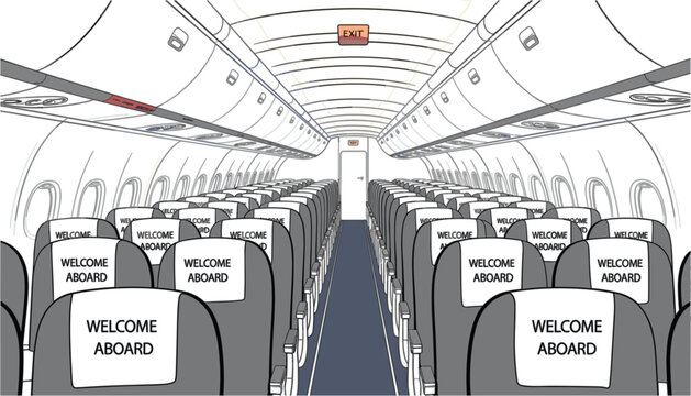 Perspective line illustration of airplane cabin interior with rows of seats aisle symmetry and overhead compartments in clean style minimal