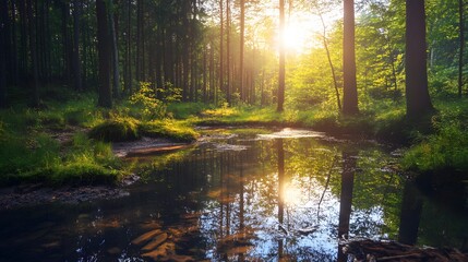 Obraz premium Sunbeams illuminate a tranquil forest stream.