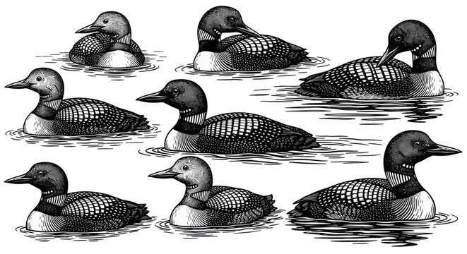 Vintage Engraving Style Loons Swimming in Water, Set of Diverse Poses