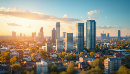 Obraz premium City skyline with modern highrise towers and residential neighborhood at golden hour, warm light