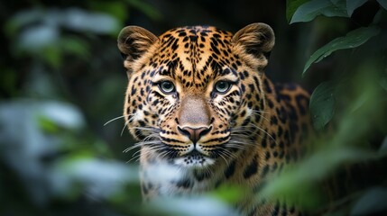 Obraz premium amur leopard staring through dense forest, generative ai