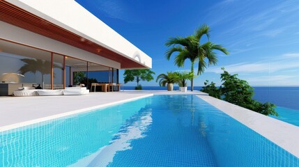 Fototapeta premium Serene Luxury Villa with Infinity Pool Overlooking Blue Ocean in Tropical Paradise
