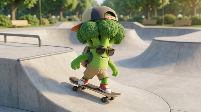 Cartoon broccoli doing skateboard trick in sunlit concrete bowl, wearing backward cap and sneakers, midair ollie, playful mascot energy, vibrant colors and soft shadows, urban park atmosphere, family