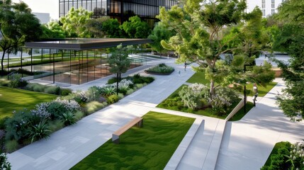 Fototapeta premium Modern Urban Park with Green Spaces, Trees, Paths, and a Pavilion Surrounded by Contemporary Architecture and Vibrant Landscaping