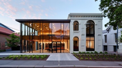 Obraz premium Modern architectural design with large glass windows and elegant classic facade showcasing a contemporary building exterior