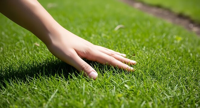 Person hand touching green grass lawn outdoors in daytime  nature scene