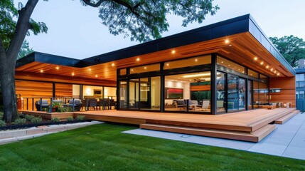 Naklejka premium Modern Architectural Home Design with Wooden Exterior and Large Glass Windows Surrounded by Lush Green Lawn