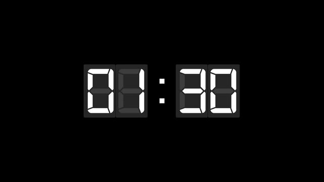 Digital clock display showing the timer in a glossy 3D seven-segment style on a black background. Futuristic design with representing time, technology, precision, countdown, and scheduling concept.