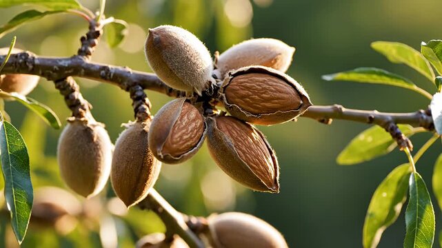 Ripe almonds on a tree branch with green leaves and sunlight