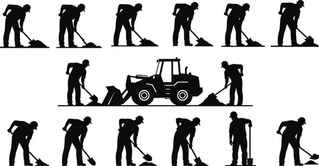 Black silhouette collection of construction workers digging with shovels and a heavy industrial wheel loader tractor isolated on white background © Mou