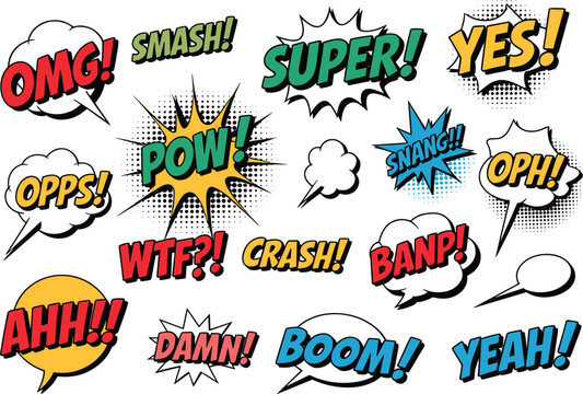 Comic speech bubbles with colorful pop art text effects including OMG POW BOOM and YES in dynamic retro style