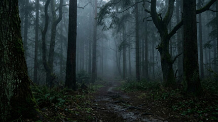 Fototapeta premium first person perspective standing in a dark foggy forest, limited visibility, tall trees fading into mist, moody atmosphere, soft shadows, mysterious cinematic lighting