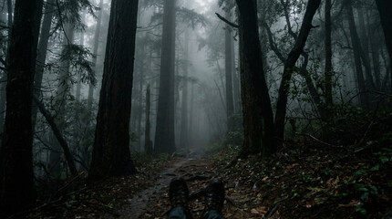 Fototapeta premium first person perspective standing in a dark foggy forest, limited visibility, tall trees fading into mist, moody atmosphere, soft shadows, mysterious cinematic lighting