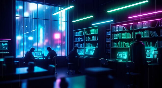 Neon lit computer laboratory interior.