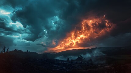 Fototapeta premium Dramatic stormy sky with fiery orange clouds over a silhouetted landscape.
