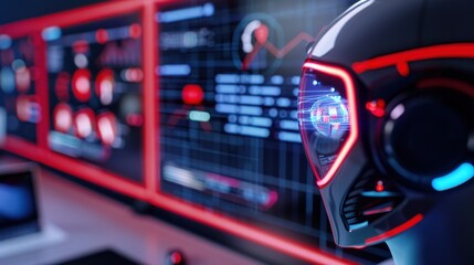 Naklejka premium Futuristic robotic head with glowing interfaces in a high-tech control room showcasing advanced technology and digital data analysis