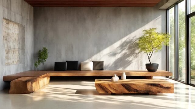 Modern minimalist living room with natural wood furniture and plants