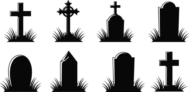 Collection of gravestone silhouettes with crosses and varied shapes, cemetery tombstone illustration, memorial design, burial ground artwork, remembrance concept, death symbolism