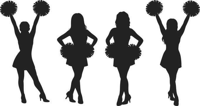 Cheerleader silhouettes set, dancing women with pom poms, sport performance vector illustration isolated