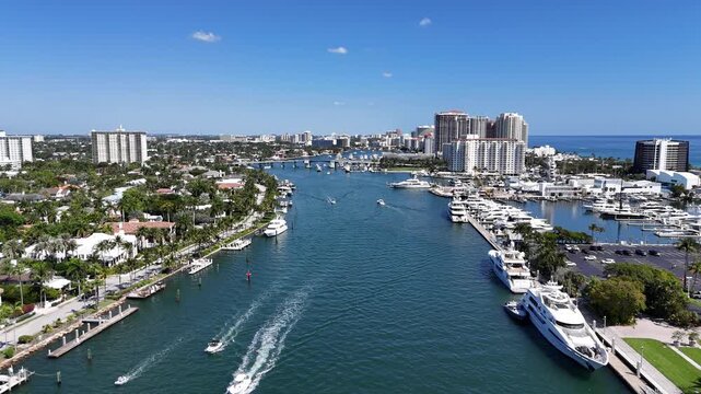 Boats cruising in the intracoastal waterway in Fort Lauderdale in Broward County, Florida.
