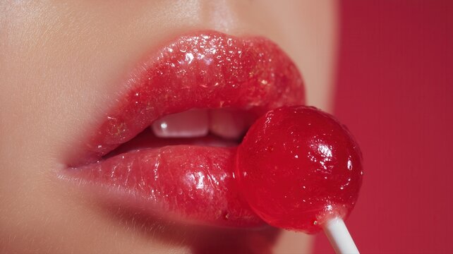 Close-up of glossy red lips holding a red lollipop. This image is suitable for beauty and confectionery advertising or editorial use.