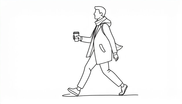 A minimalist line art drawing of a man walking and holding a coffee cup, dressed in a winter coat and scarf.