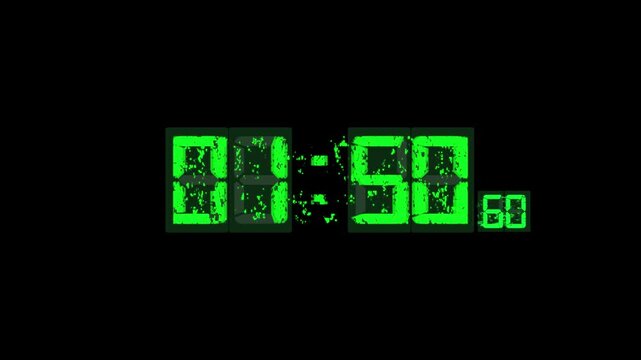Digital clock display showing the timer in a glossy 3D seven-segment style on a black background. Futuristic design with representing time, technology, precision, countdown, and scheduling concept.