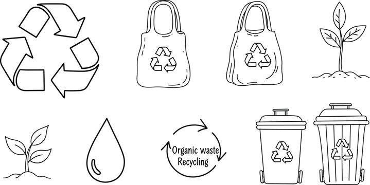 Eco Recycling and Waste Management Icon Set with Bags, Plants, Water Conservation, and Organic Waste Recycling Symbols in Hand Drawn Style.