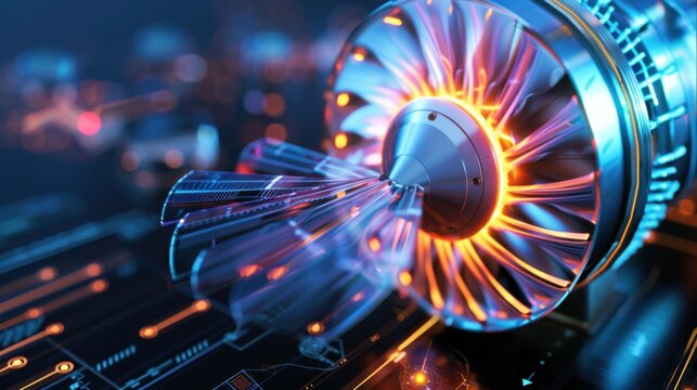 High-Detail Close-Up of Jet Engine Turbine with Futuristic Background and Blue Orange Lighting Effects