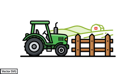 Naklejka premium Green Tractor by Wooden Fence, Farm Landscape with Hills and Barn