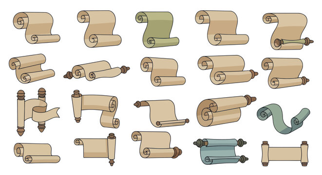 Collection of Ancient Scrolls, Parchment Documents, and Old Paper Rolls