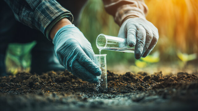 Scientist hands performing soil testing for agriculture research