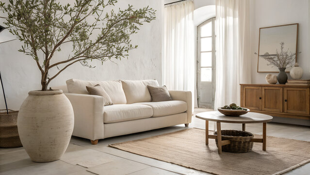 Minimalist Interior Design Wide Shot of Scandinavian Style Living Room
