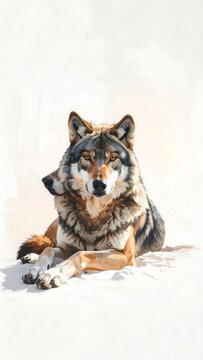 A wolf lies down on a white surface looking forward